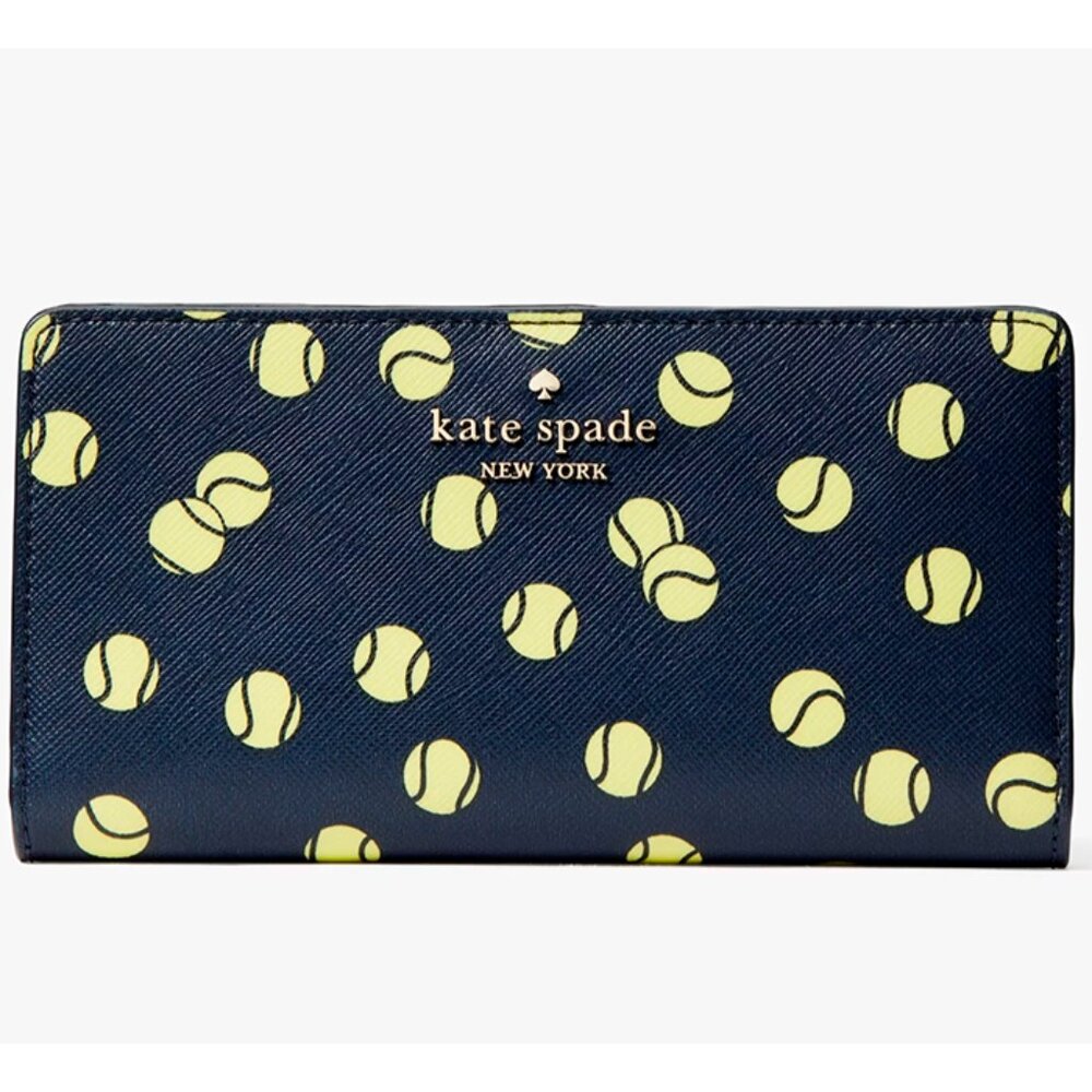 S Kate Spade Staci Large Slim Bifold Navy Blue Tennis Balls Wallet KF497 NWT$179